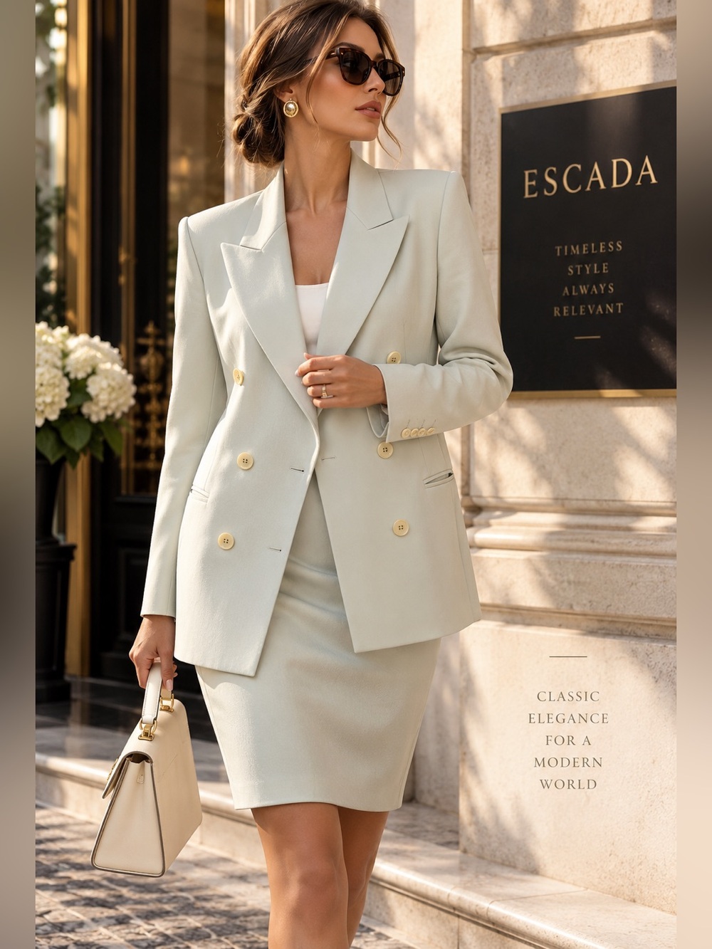 ESCADA Wool Silk 2PC Skirt Suit Light Mint Double Breasted EU 42 US 12 Vntg